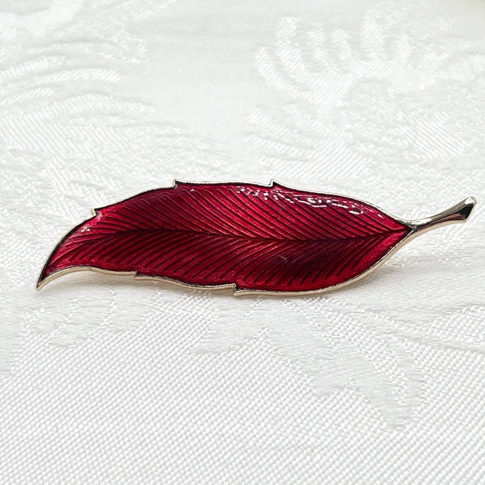 Vintage Red Enamel on Gold Tone Metal Leaf or Feather Brooch
